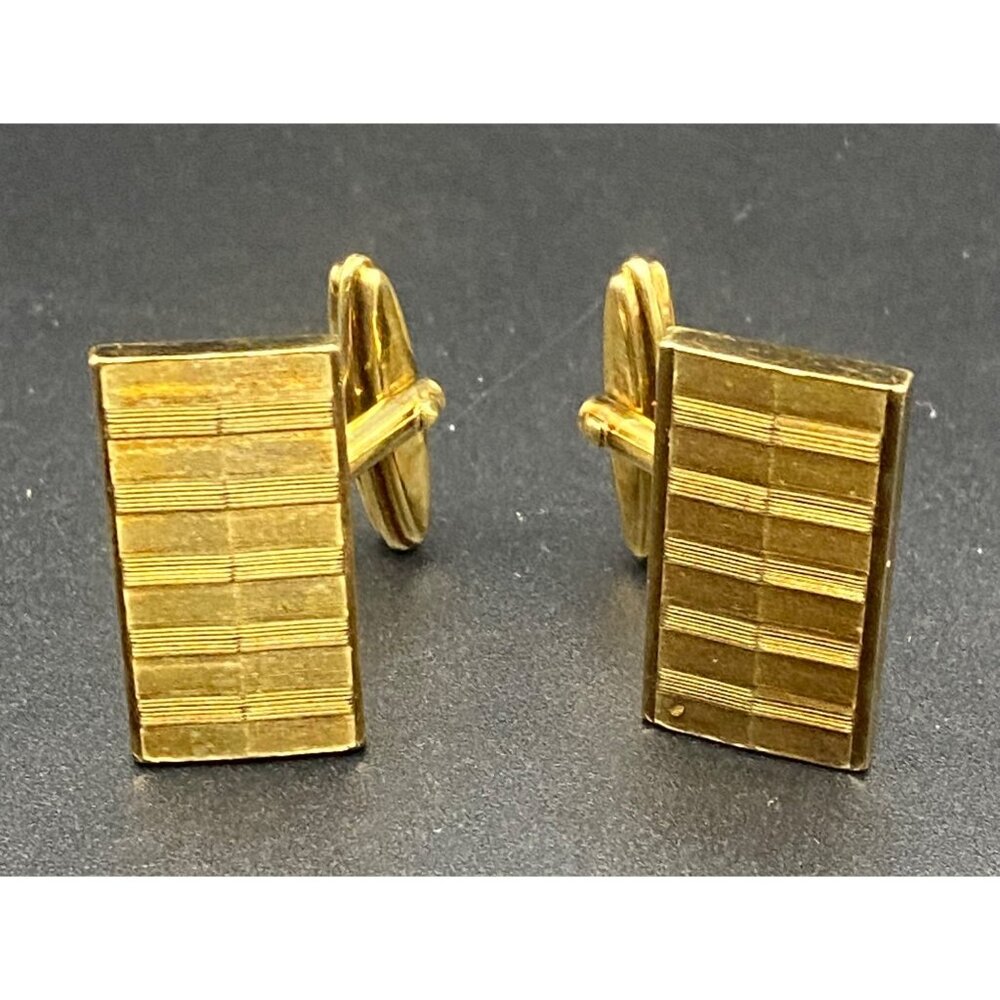 Vintage Rectangular Rolled Gold Cufflinks Ribbed Bar Design Groom Prom MCM